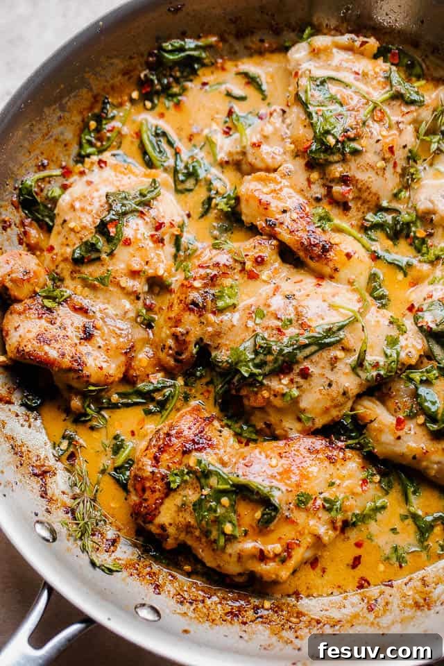 overhead shot of a silver skillet with boneless skinless chicken thighs in a creamy sauce with spinach