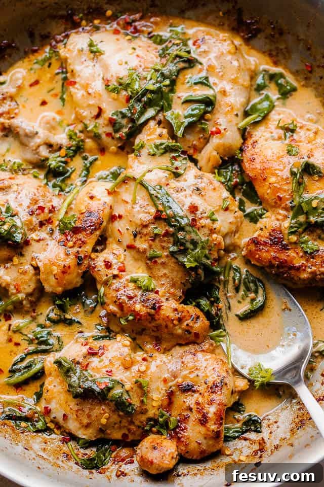 overhead shot of boneless skinless chicken thighs in a creamy sauce with spinach