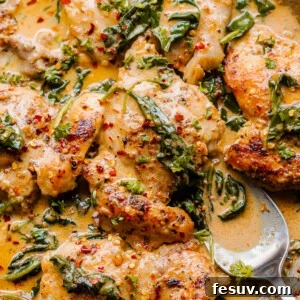 overhead shot of boneless skinless chicken thighs in a creamy sauce with spinach