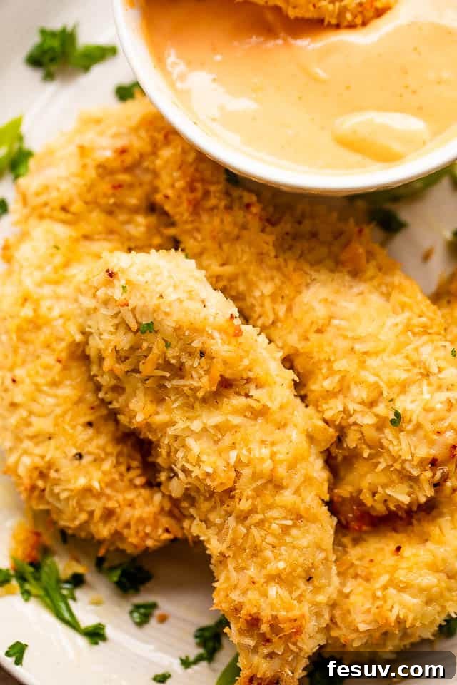Tropical Coconut Chicken Strips 3 four chicken tenders with dipping sauce served on a plate