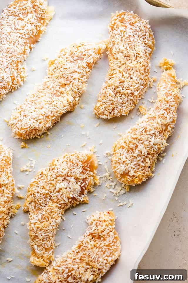 Tropical Coconut Chicken Strips 4 overhead shot of raw coconut covered chicken tenders on a baking sheet