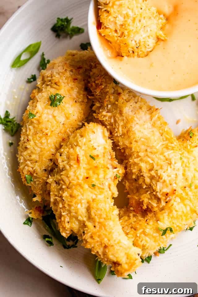Tropical Coconut Chicken Strips 7 overheat shot of chicken tenders on a white plate served with dipping sauce