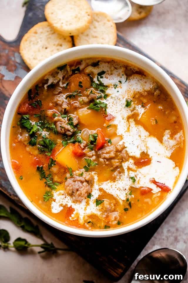 Overhead shot of butternut squash and sausage soup served in a white bowl.