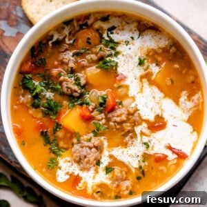 overhead shot of butternut squash and sausage soup in a white soup bowl