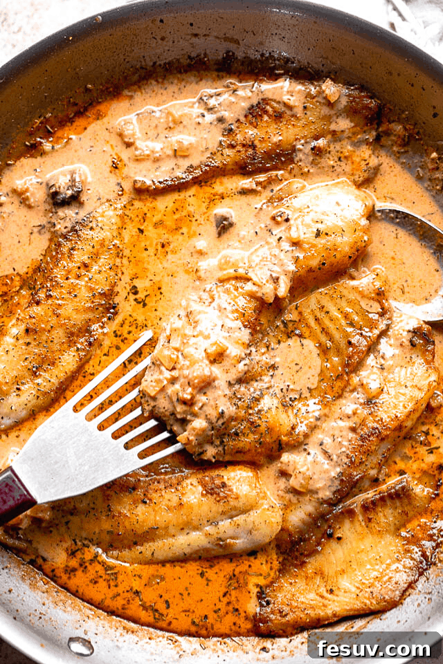 Picking up a pan-fried tilapia fillet with a fish spatula, showcasing its perfectly seared exterior and tender flesh, ready to be enveloped in creamy tomato sauce.