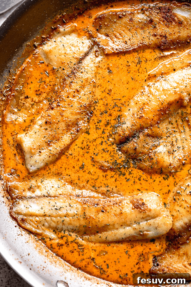 A close-up view of pan-fried tilapia fillets luxuriating in a vibrant creamy tomato sauce within a skillet, garnished with fresh parsley.