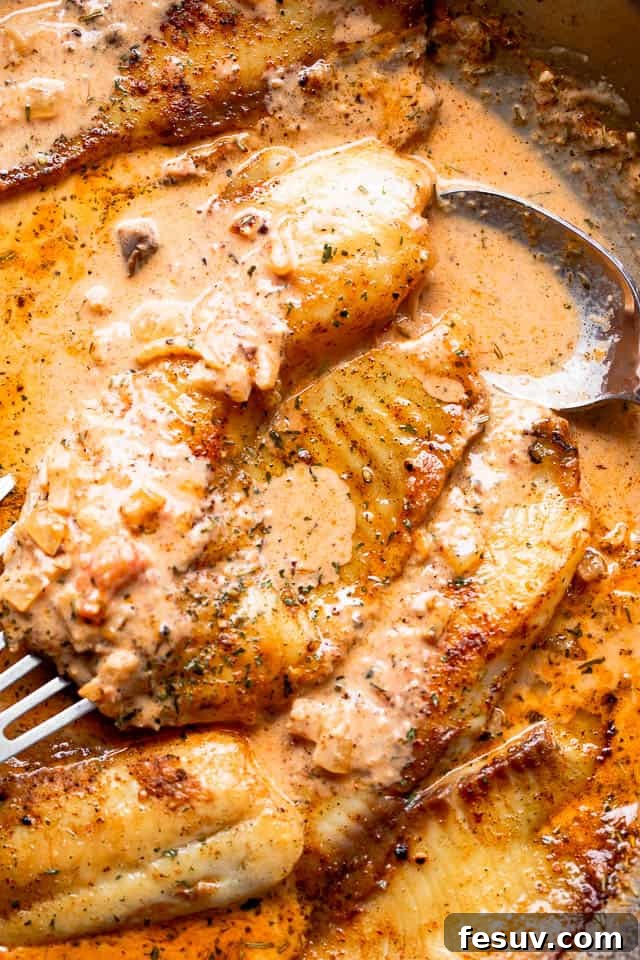 An inviting overhead shot of a perfectly cooked tilapia fillet resting in a pool of creamy tomato sauce, garnished with fresh herbs, ready to be served.