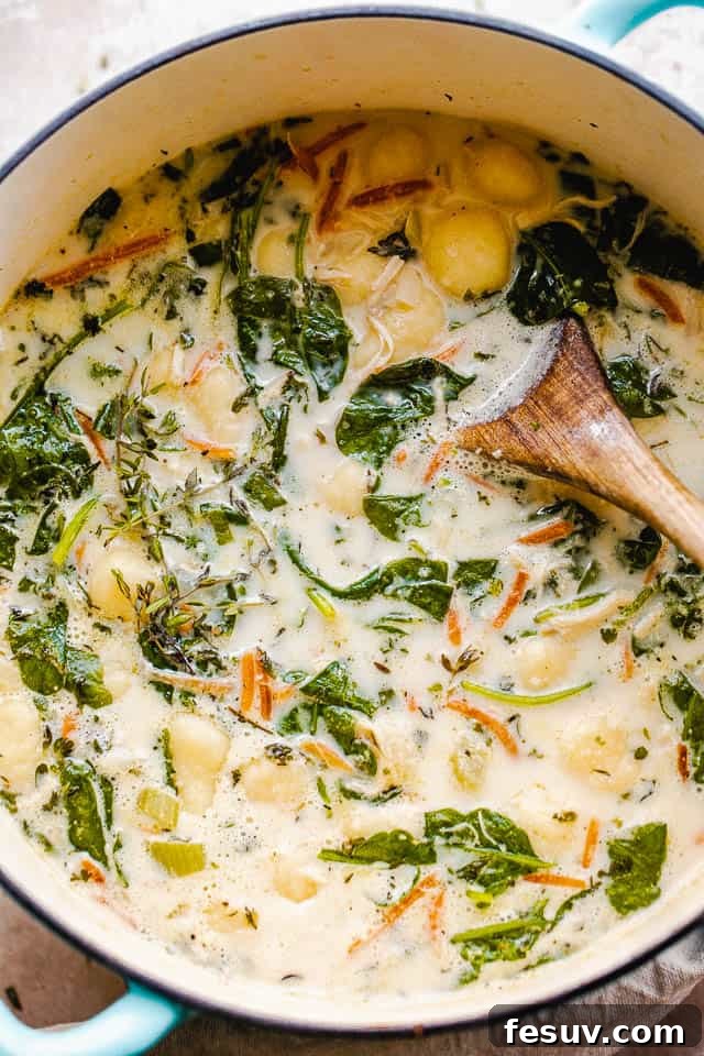 Cozy Creamy Chicken Gnocchi Soup 6 Overhead shot of a creamy gnocchi soup in a Dutch oven with spinach and chicken, ready to be served.