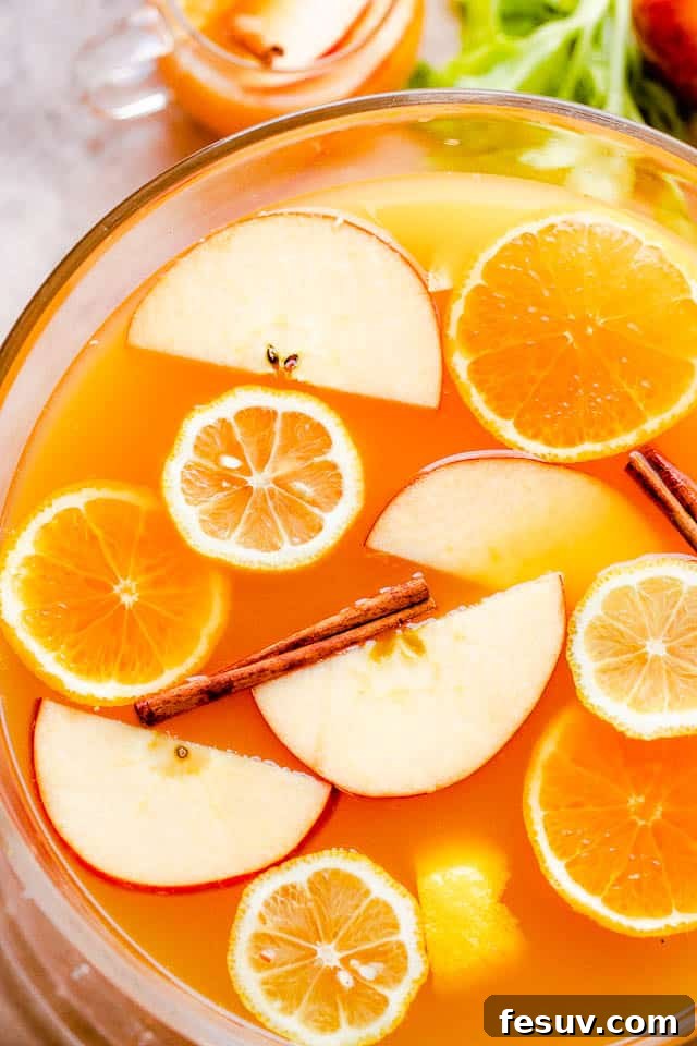 Overhead close-up of a festive apple cider punch in a punch bowl, adorned with floating slices of apples, oranges, and cinnamon sticks, perfect for a holiday gathering.