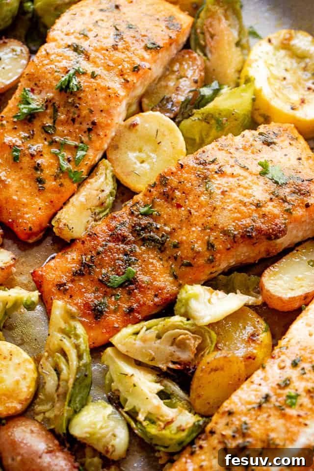 Overhead shot of perfectly roasted salmon fillets with vibrant brussel sprouts and tender yellow squash, all glistening with seasoning.
