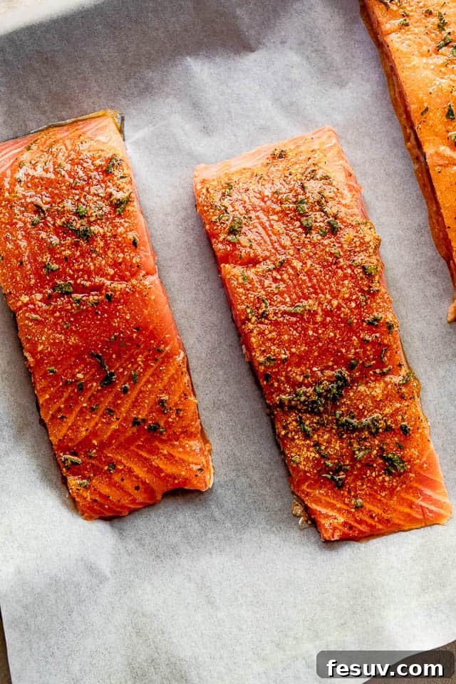 Overhead shot of four raw salmon fillets, perfectly seasoned with a rich blend of Old Bay and other spices, ready for oven roasting.