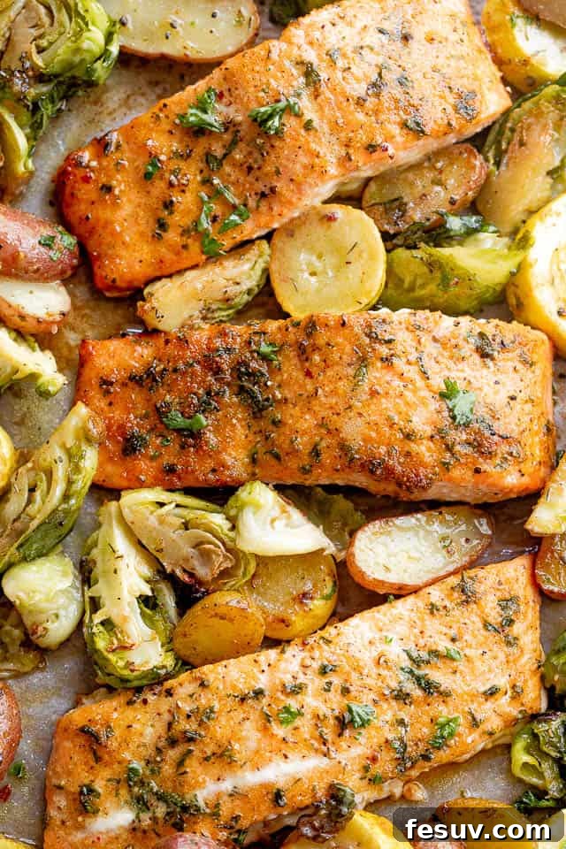 Overhead shot of beautifully roasted Old Bay salmon fillets, accompanied by perfectly cooked brussel sprouts and yellow squash, creating a wholesome and appealing dinner plate.