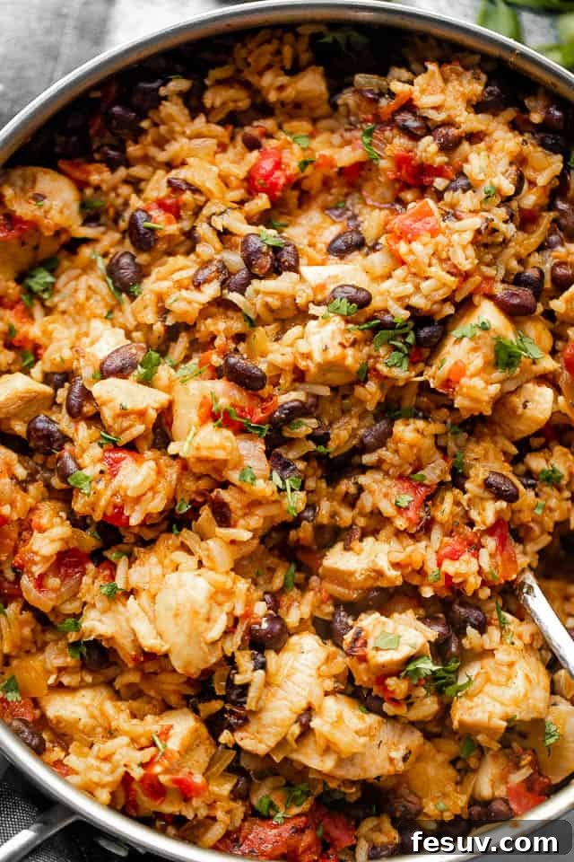 Mixing through rice and chicken in a skillet.