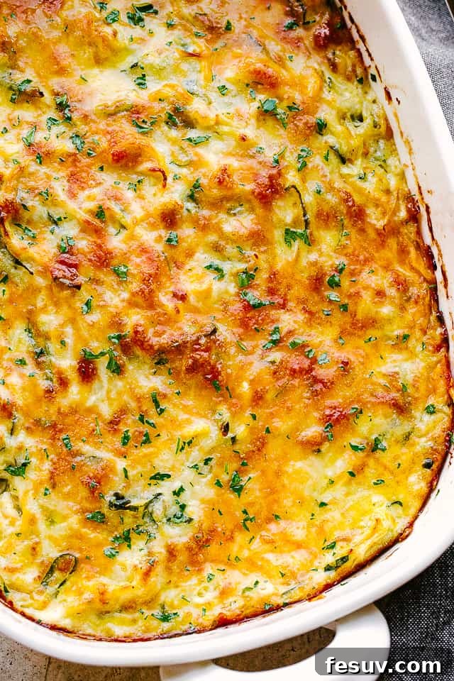 overhead close up shot of baked zucchini squash casserole