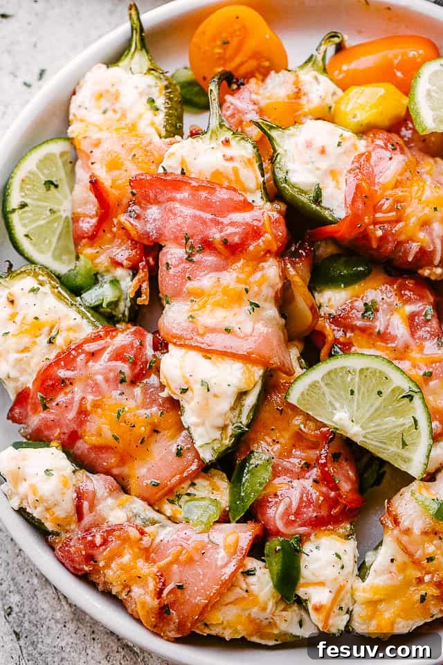 Creamy, spicy, crunchy Bacon Wrapped Jalapeño Poppers are stuffed with cheese and wrapped in bacon. The perfect Super Bowl food idea! Baked jalapeno poppers on a white serving dish, garnished with herbs and lime wedges. Perfect game day appetizer.