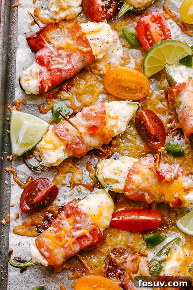 Creamy, spicy, crunchy Bacon Wrapped Jalapeño Poppers are stuffed with cheese and wrapped in bacon. The perfect Super Bowl food idea! Baked, bacon-wrapped jalapeno poppers on a parchment-lined baking sheet, fresh out of the oven.