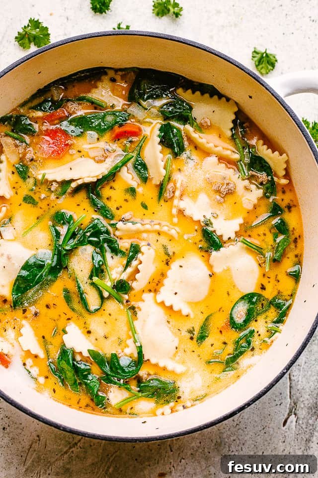 Overhead image of soup with ravioli in a soup pot.
