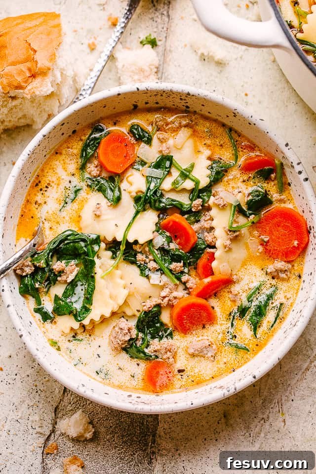 Bowl of creamy ravioli soup.