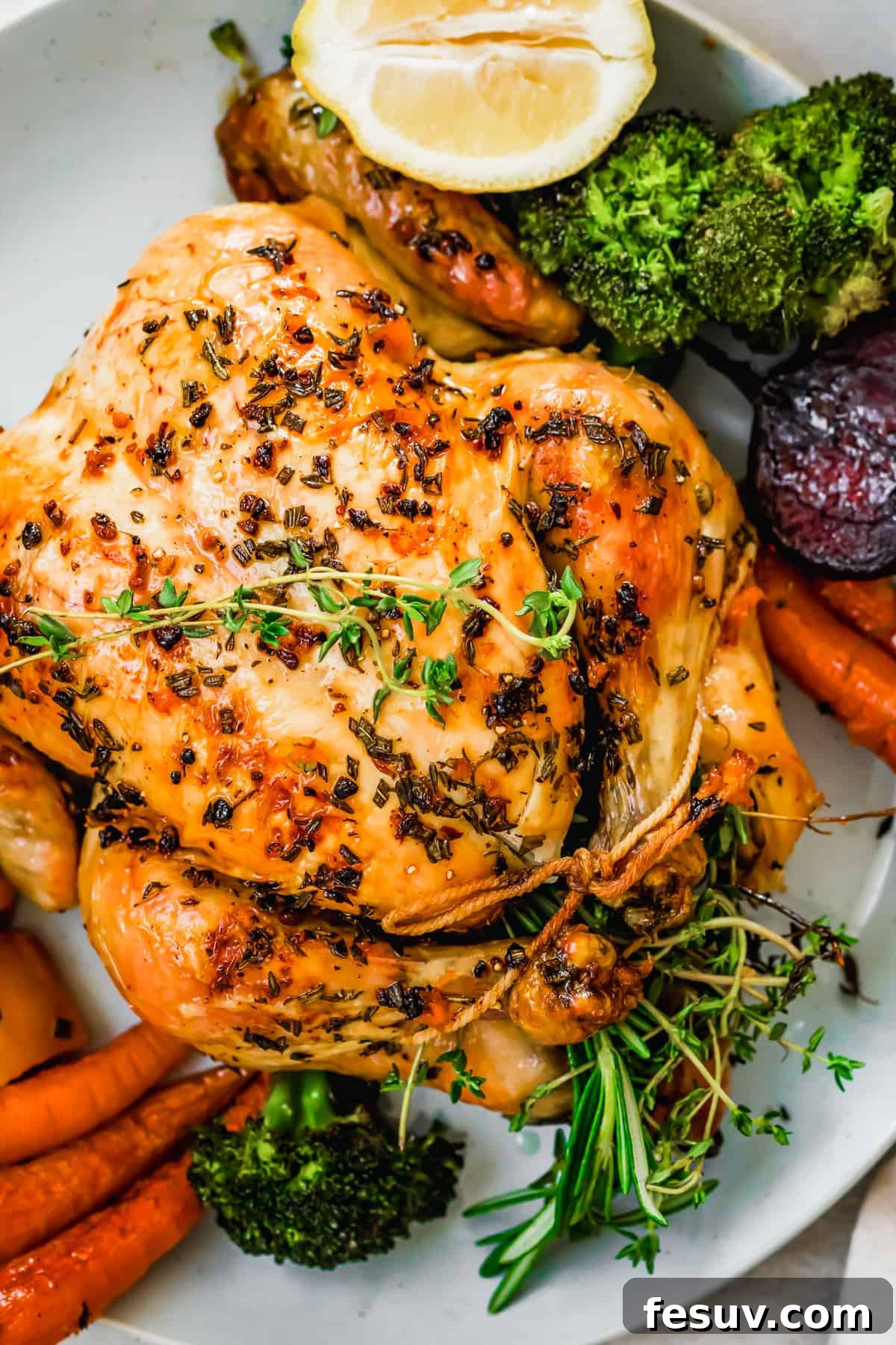 Golden Autumn Roast Chicken with Rustic Root Vegetables 3 overhead close up shot of whole roast chicken served on a platter with roasted fall vegetables.