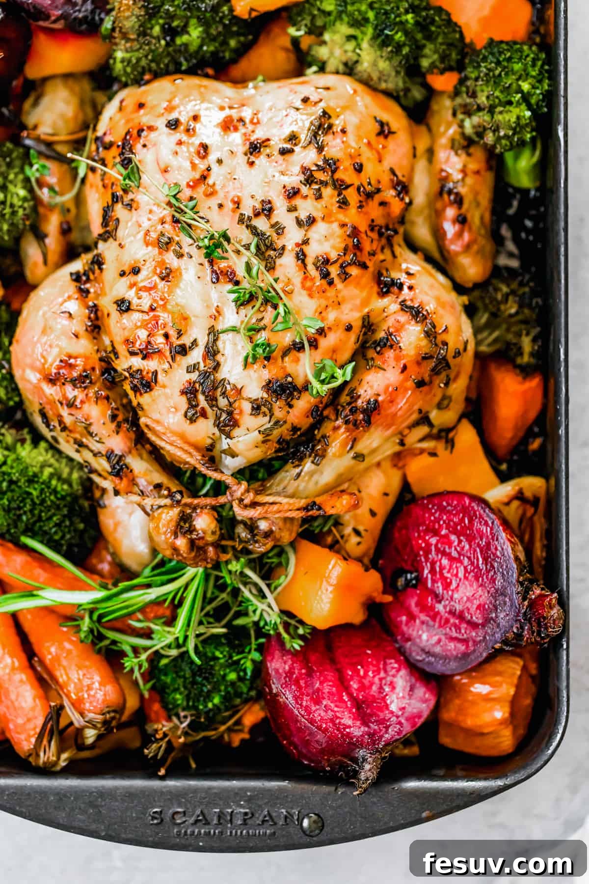 Golden Autumn Roast Chicken with Rustic Root Vegetables 7 Roasted whole chicken with fall vegetables on a sheet pan, perfectly cooked.
