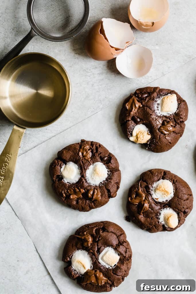 Four Hot Chocolate Sugar Cookies, a Measuring Cup and a Mesh Sieve on a baking sheet