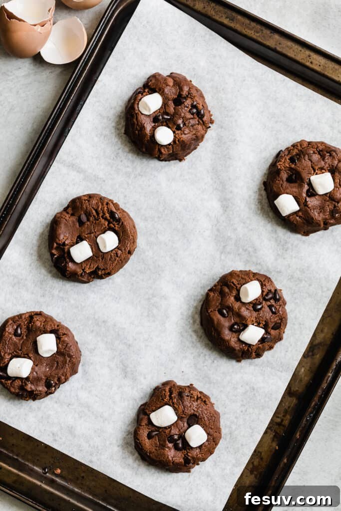 Six Hot Chocolate Sugar Cookie Dough Balls on a Lined Pan, Topped with Chocolate Chips & Marshmallows