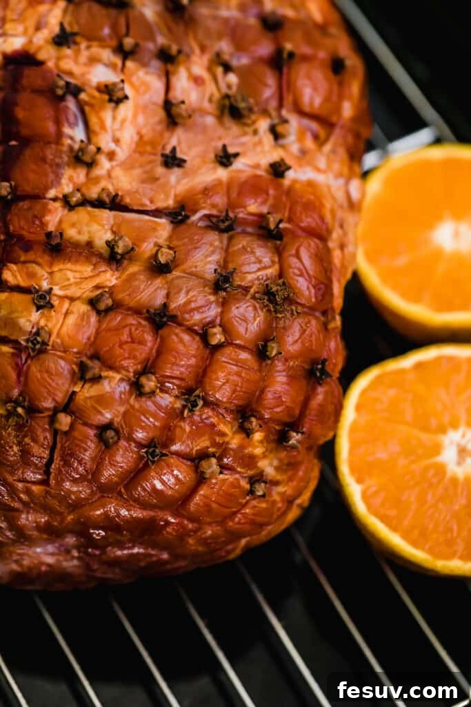 The Close-Up View of a Ham with Cloves Stuck Into It, showing the diamond scoring pattern.
