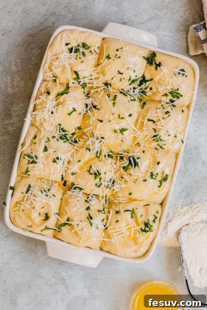 A pan of perfectly risen Parmesan Dinner Roll dough, generously topped with shredded Parmesan cheese and fresh chopped parsley, ready for the oven