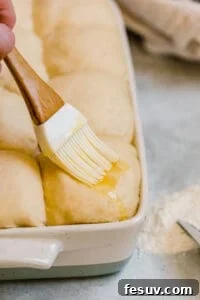 Butter being brushed over risen Parmesan Dinner Roll Dough