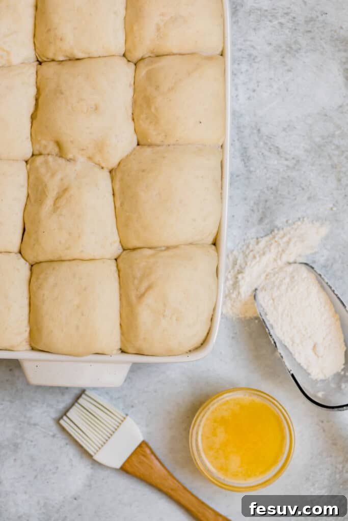 The visibly risen and expanded dinner roll dough balls, now filling the baking pan snugly