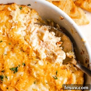 Close-up shot of a spoon in a baking dish with hot crab dip
