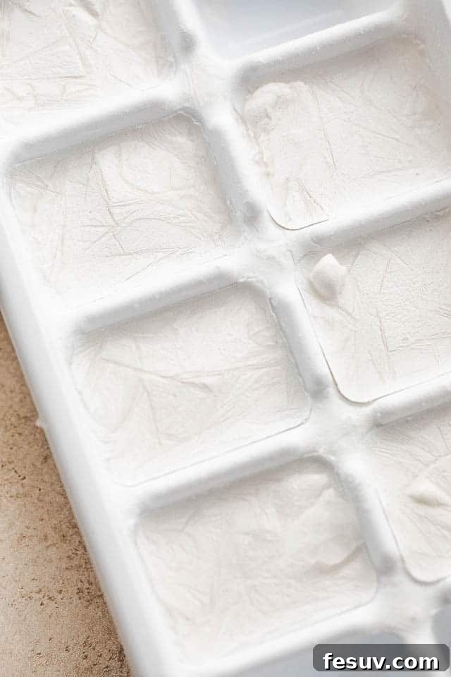 Ice cube tray filled with solidified frozen coconut milk cubes, ready for blending into a festive drink.