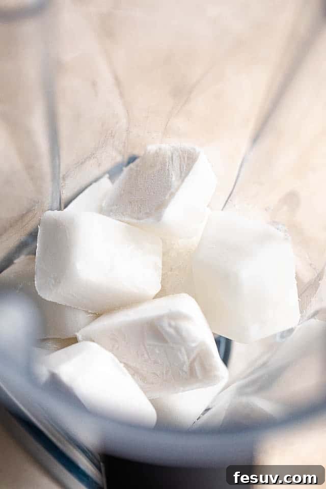 A high-powered blender containing creamy white frozen coconut milk ice cubes, ready to be transformed into a festive cocktail.