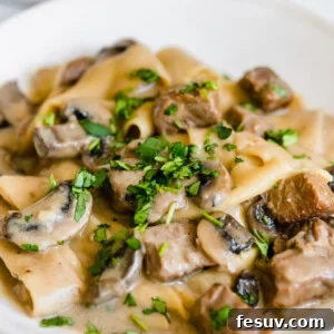 Beef Stroganoff on a White Plate with a Napkin in the Background