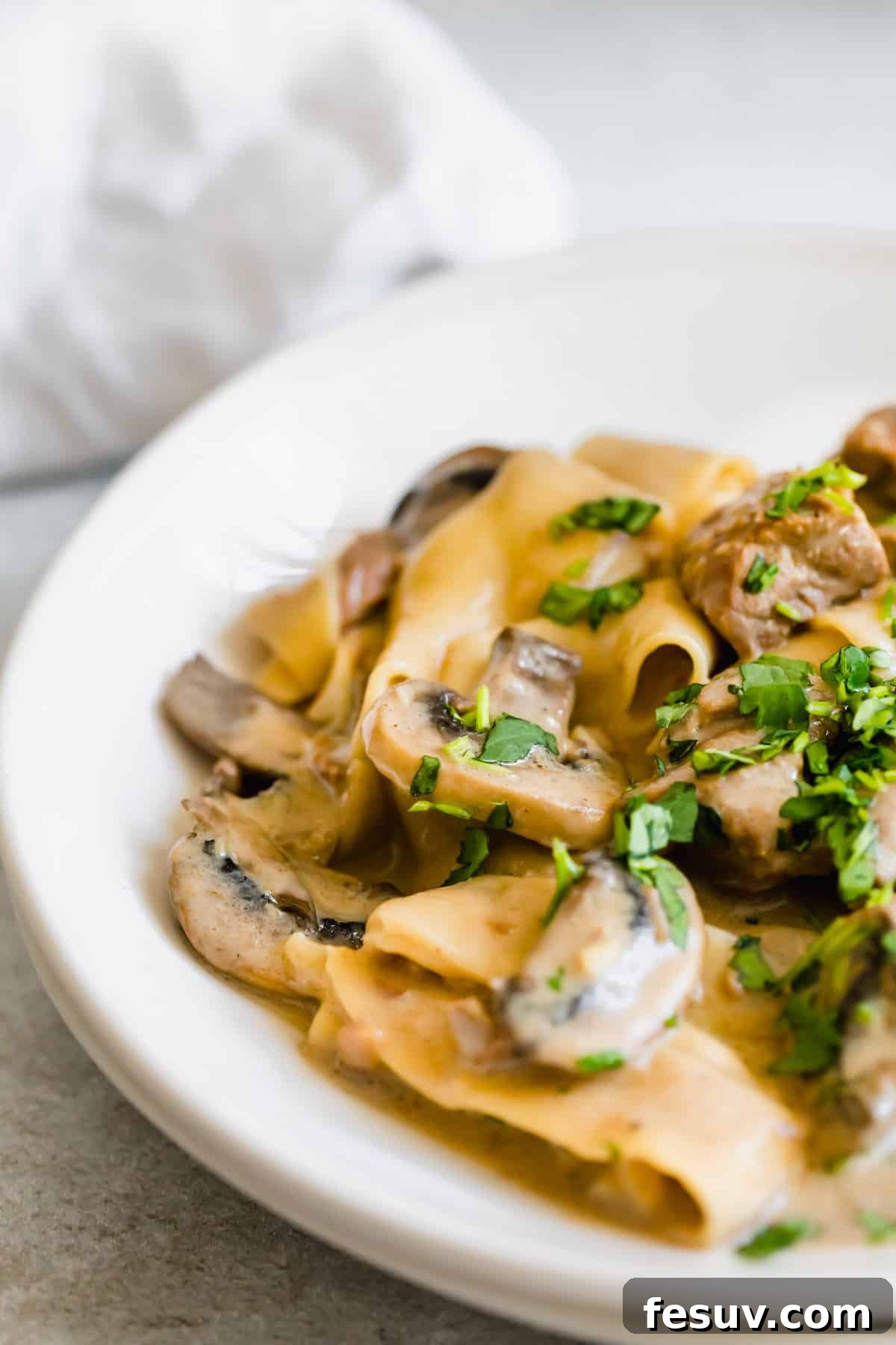 Effortless Creamy Instant Pot Beef Stroganoff 5 A Close-Up View of Instant Pot Beef Stroganoff on a Plate, garnished with a sprinkle of fresh herbs.
