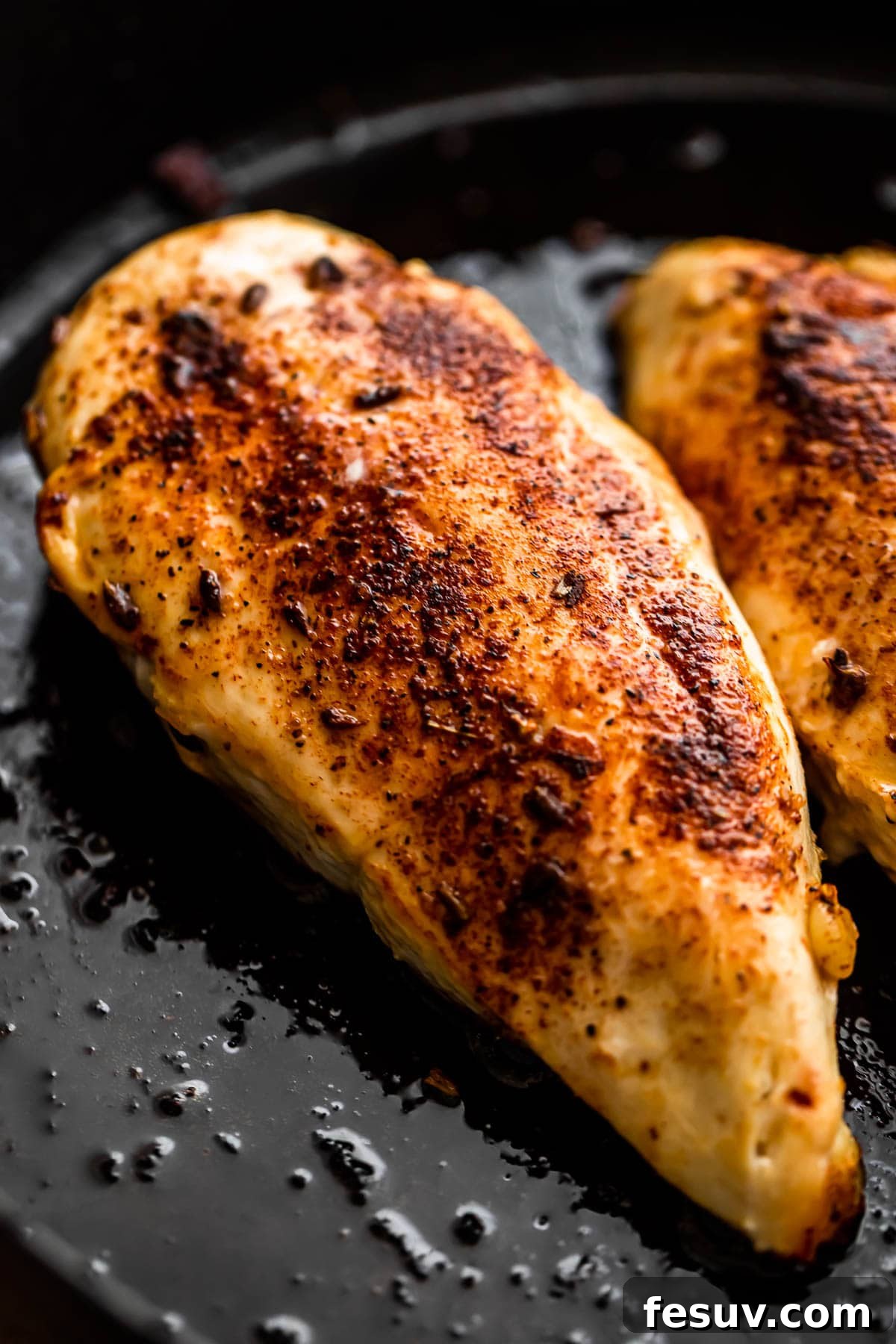 Bayou Blackened Chicken Pasta 4 cooking chicken breasts in a cast iron skillet.