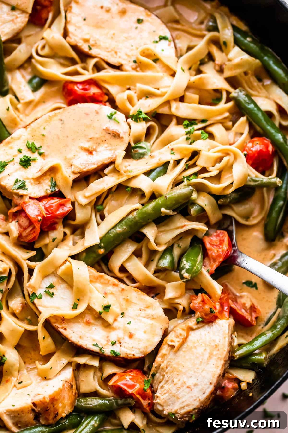 Bayou Blackened Chicken Pasta 9 fettuccine pasta in creamy sauce with slices of blackened chicken, tomatoes, and green beans