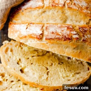overhead shot of sliced dutch oven bread