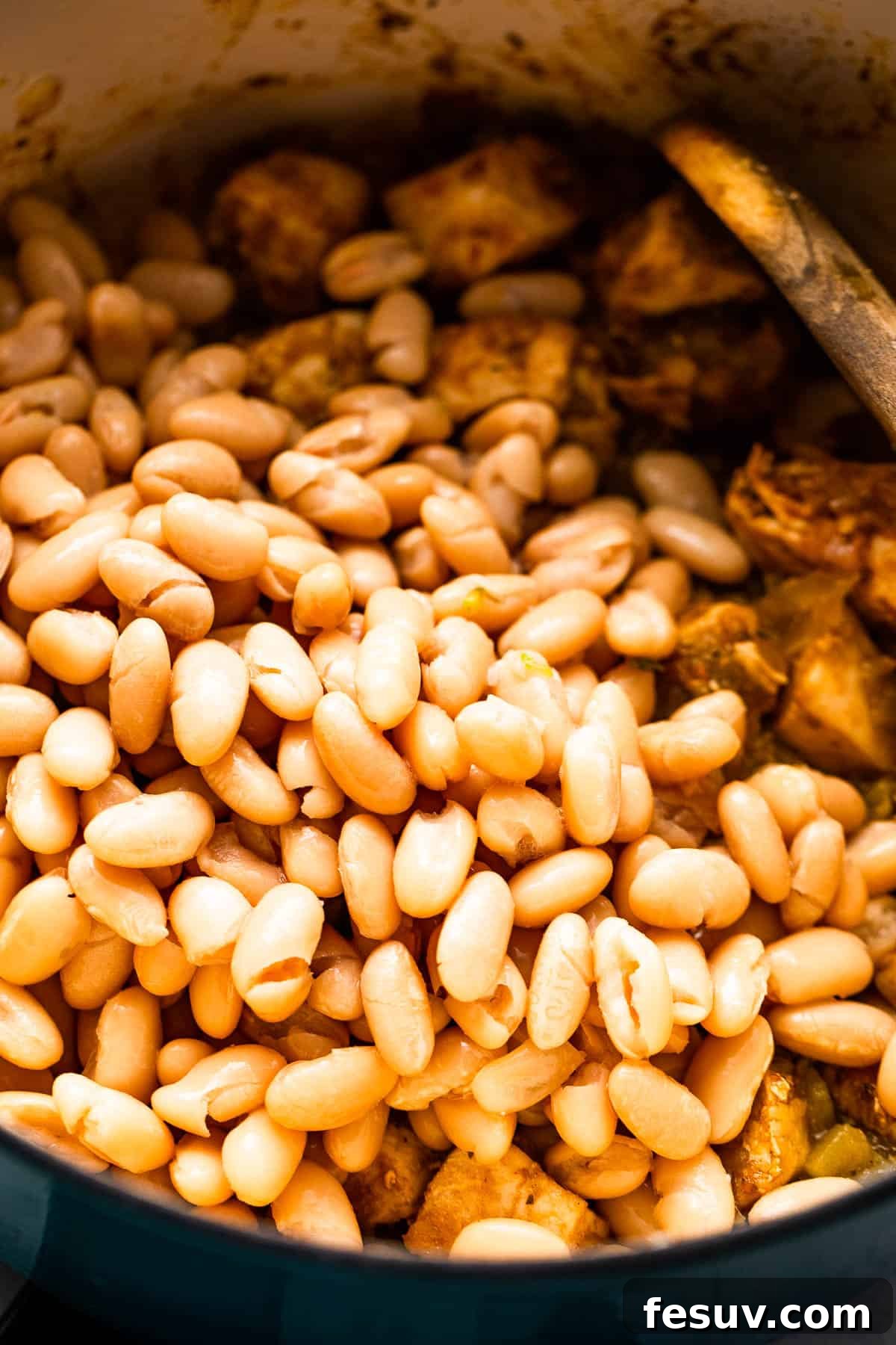 A close-up of chicken pieces and cannellini beans simmering together in a large Dutch oven on the stove, releasing aromatic steam.