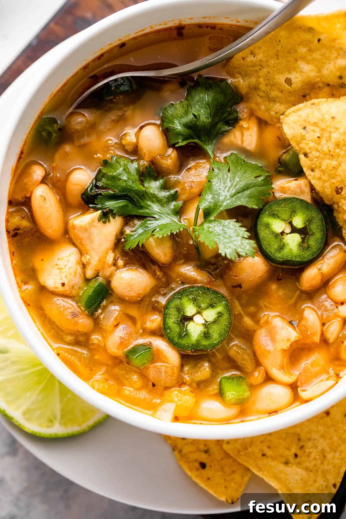 A vibrant bowl of chicken chili, beautifully garnished with fresh cilantro, sliced jalapeños, and crunchy tortilla chips, showcasing its appealing textures and colors.