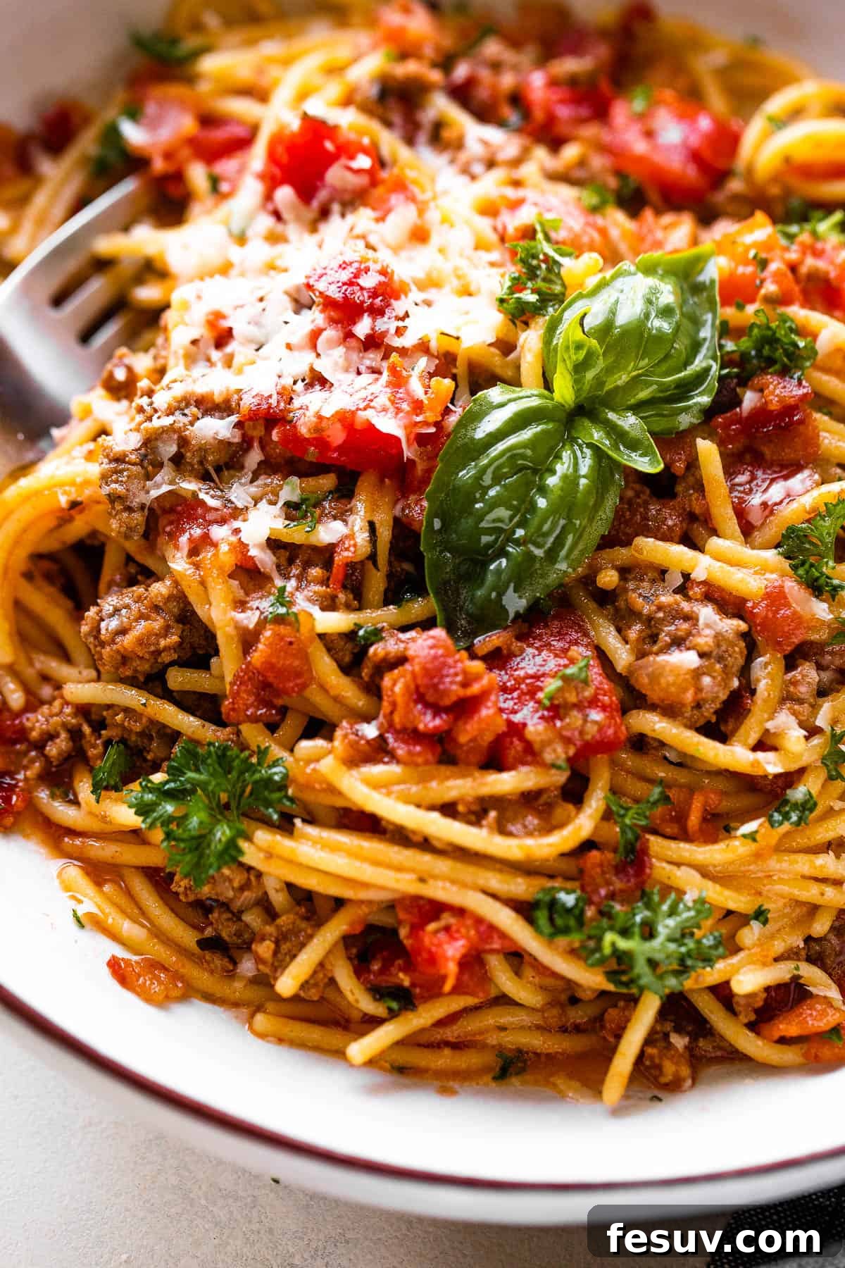 One-Pot Wonder Spaghetti 2 close up shot of spaghetti with ground beef, tomatoes, and fresh basil