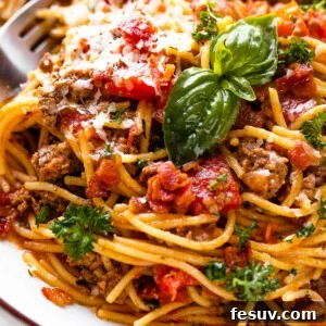 One-Pot Wonder Spaghetti 7 close up shot of spaghetti with ground beef, tomatoes, and fresh basil