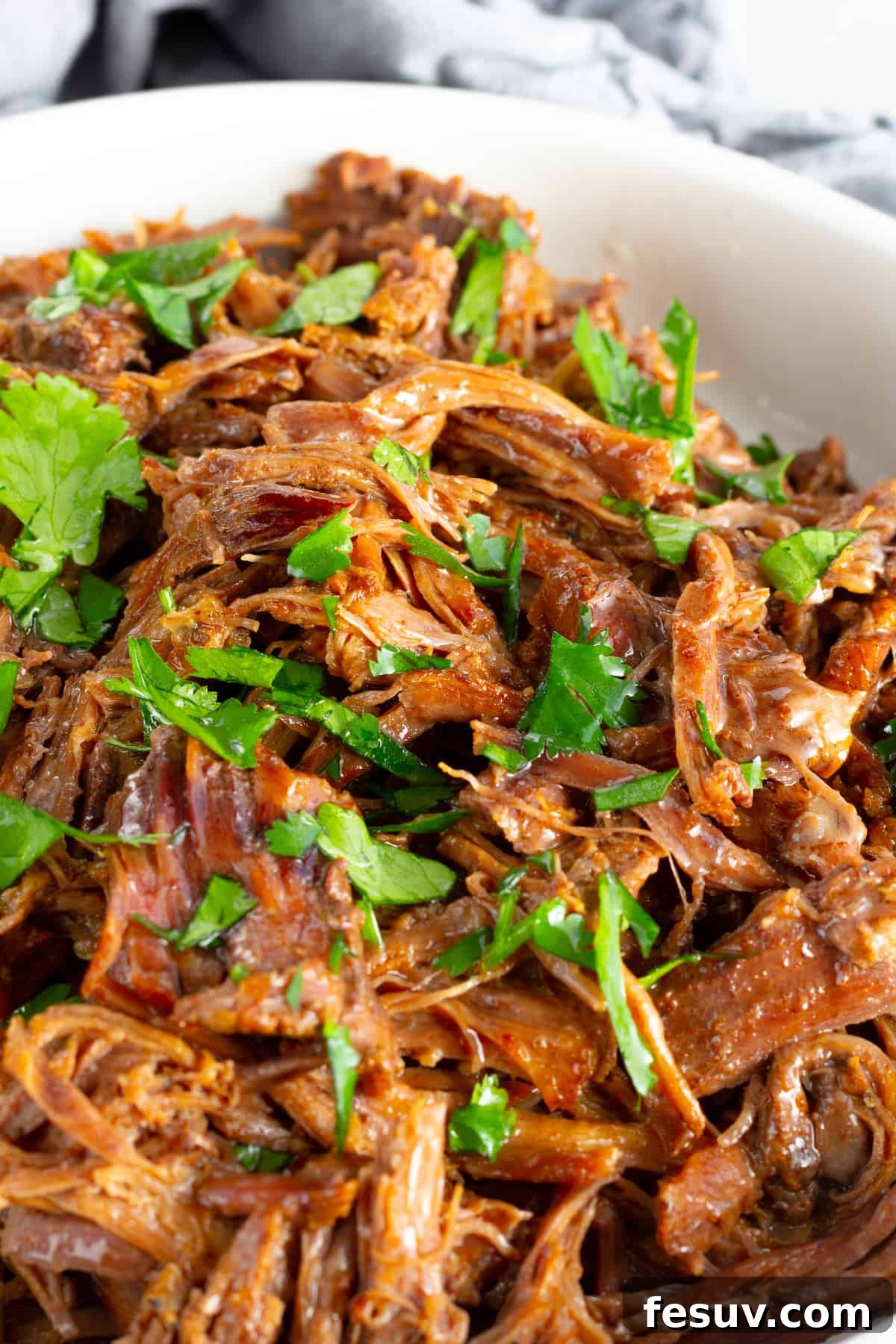 A Close-Up Shot of Tender Instant Pot Beef Barbacoa in a White Bowl