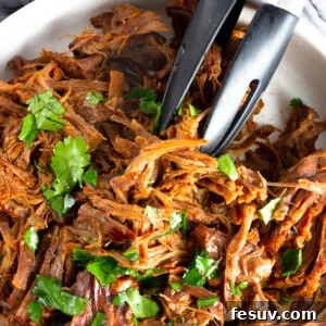 A White Bowl Containing Juicy Beef Barbacoa with Some Fresh Parsley on Top