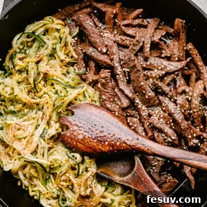 Skillet with flank steak and zoodles