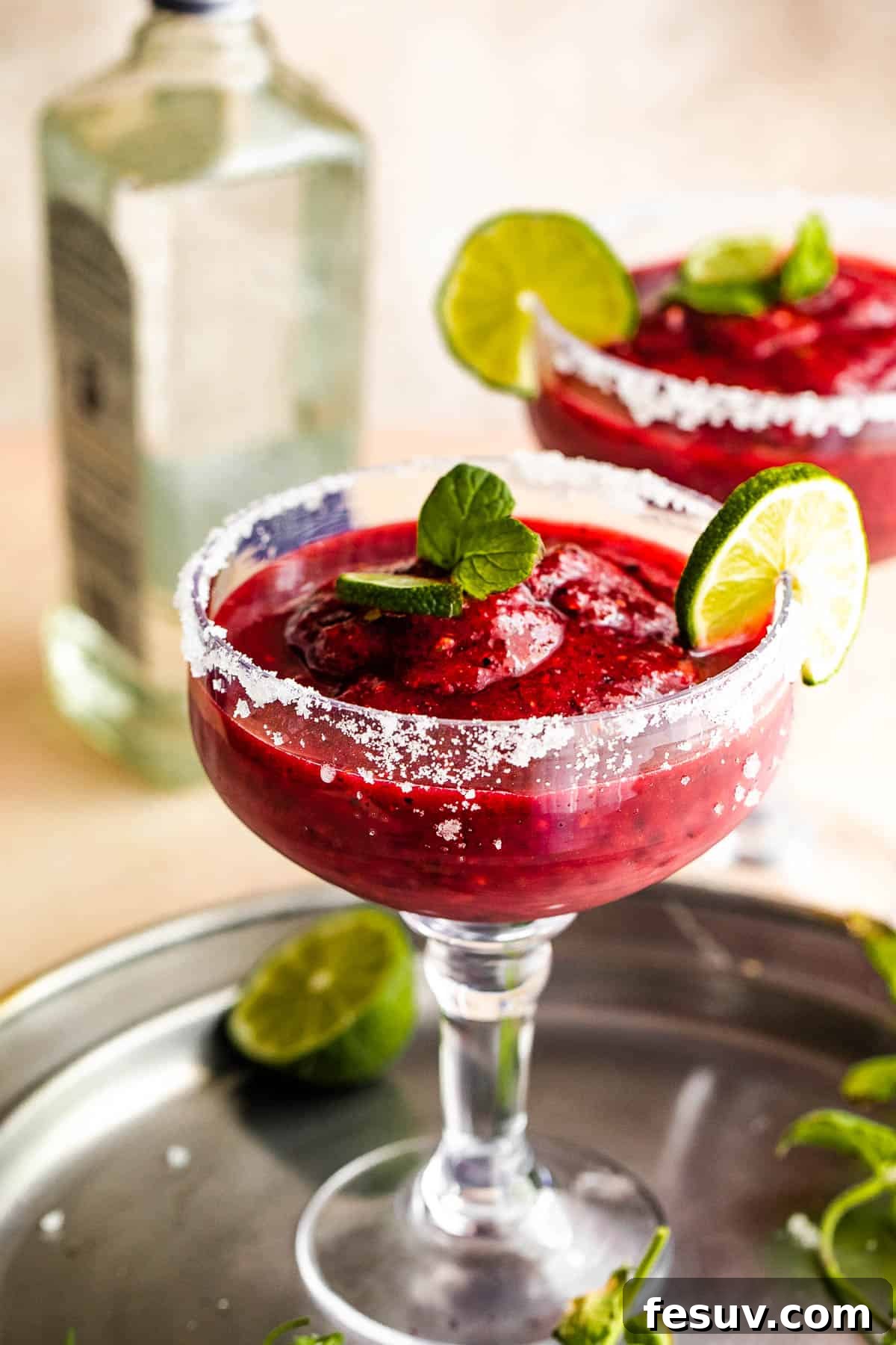 Blended Berry Margaritas 5 Frozen Berry Margarita served in a margarita glass with salted rims, slice of lime, and mint