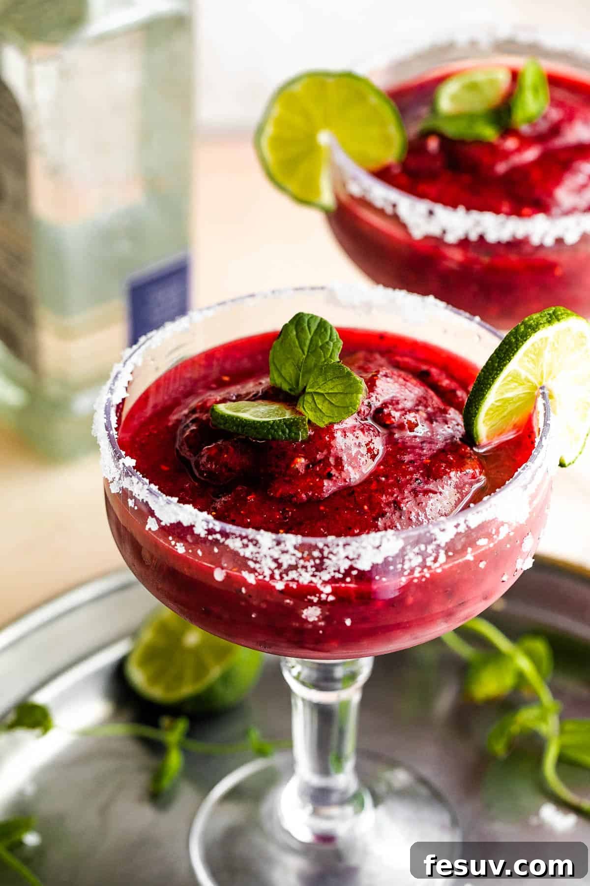 Blended Berry Margaritas 6 Frozen Berry Margarita served in a margarita glass with salted rims, slice of lime, and mint