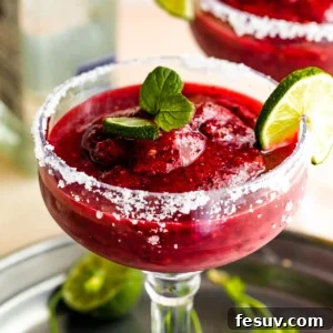 Blended Berry Margaritas 7 Frozen Berry Margarita served in a margarita glass with salted rims, slice of lime, and mint