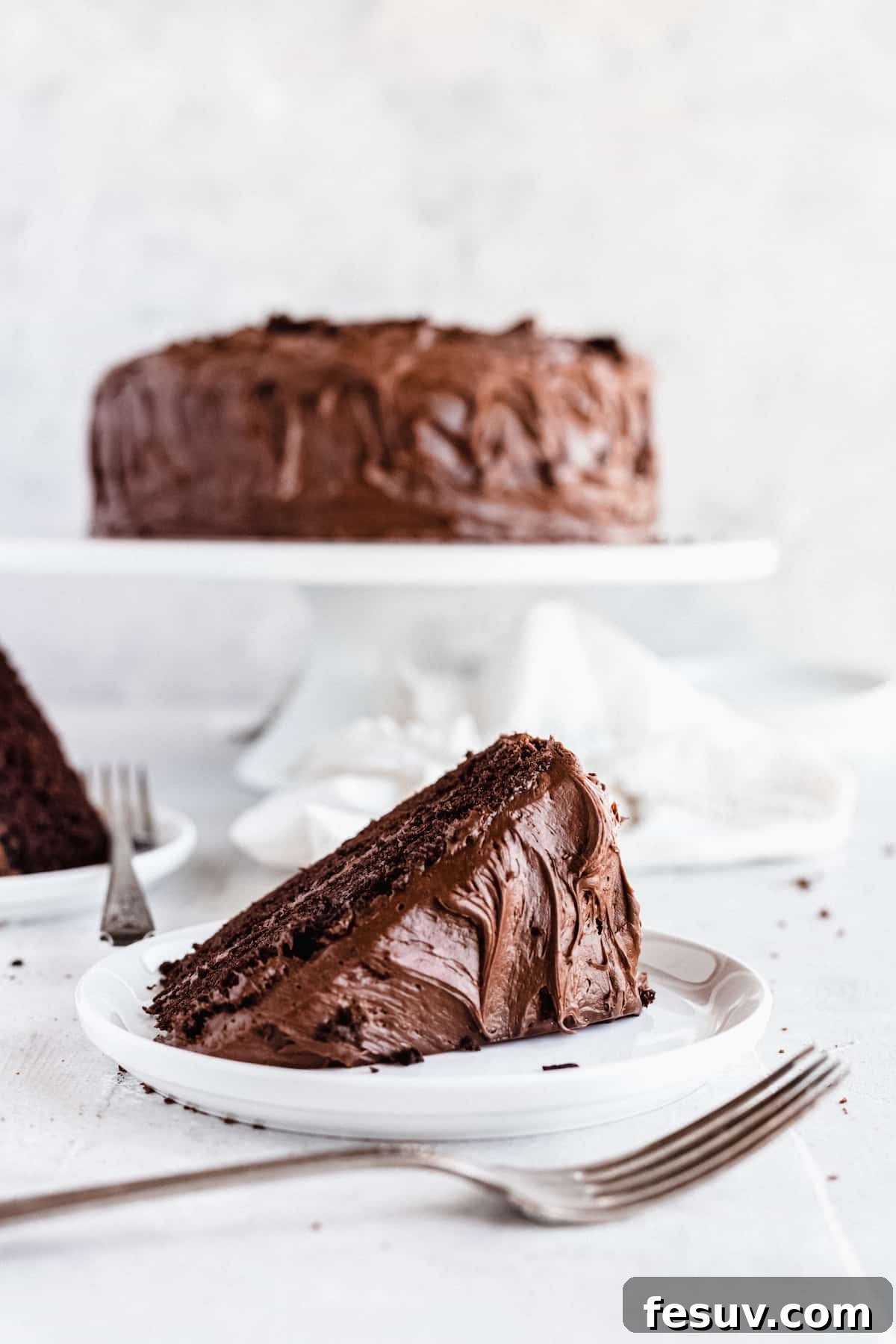 A close-up of a slice of chocolate cake on a counter, fork nearby