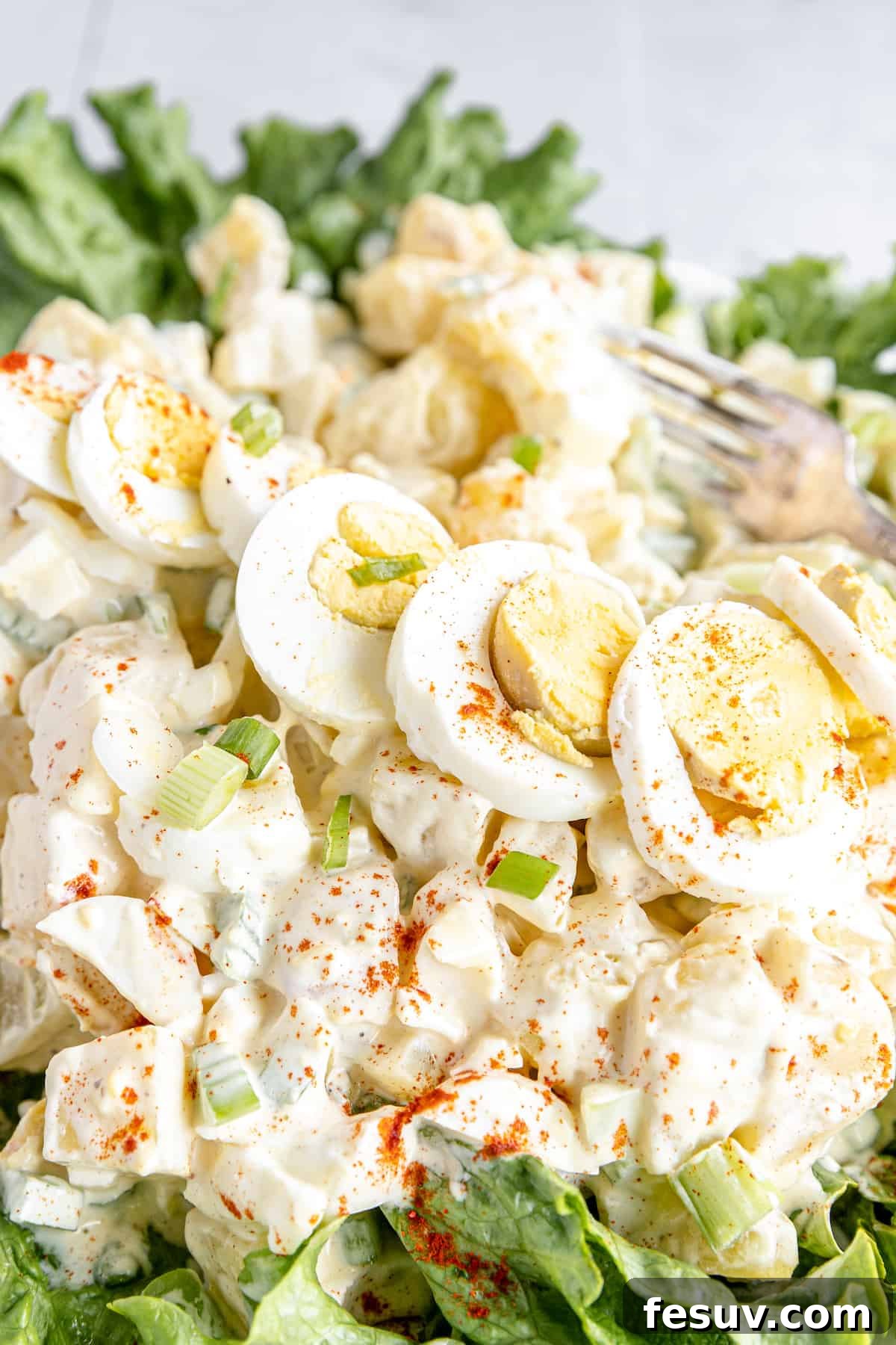 America's Favorite Potato Salad 7 A Beautifully Garnished American Classic Potato Salad, Topped with Chopped Green Onions and a Line of Sliced Hard-Boiled Eggs, Showcasing its Creamy Texture and Inviting Presentation.